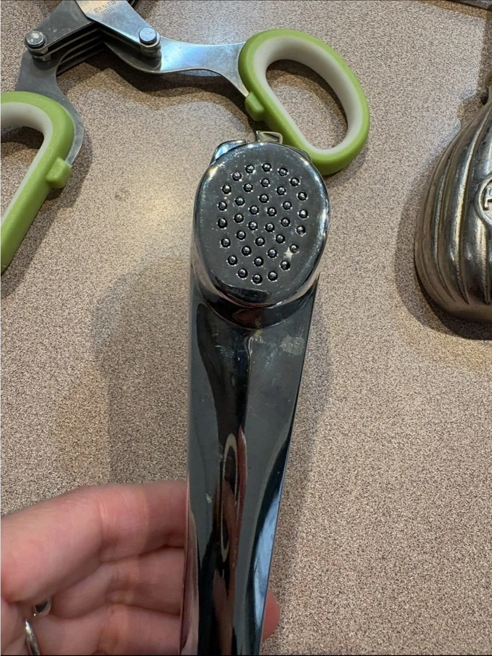 Kitchen Tool Lot: Stainless Steel Garlic Press + Scoop + Green-Handled Scissors